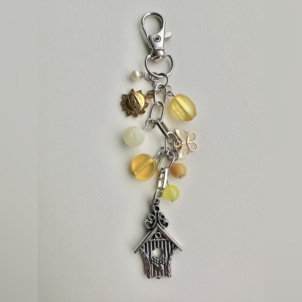 Sunshine 4.5" Yellow & Silver Birdhouse Bag Charm Purse Backpack Accy. - Handmad - Picture 2 of 3